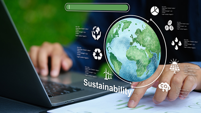 Businessmen use computers to analyze sustainability and consider global warming, green investment, analysis, green work, green company growth targets, etc.