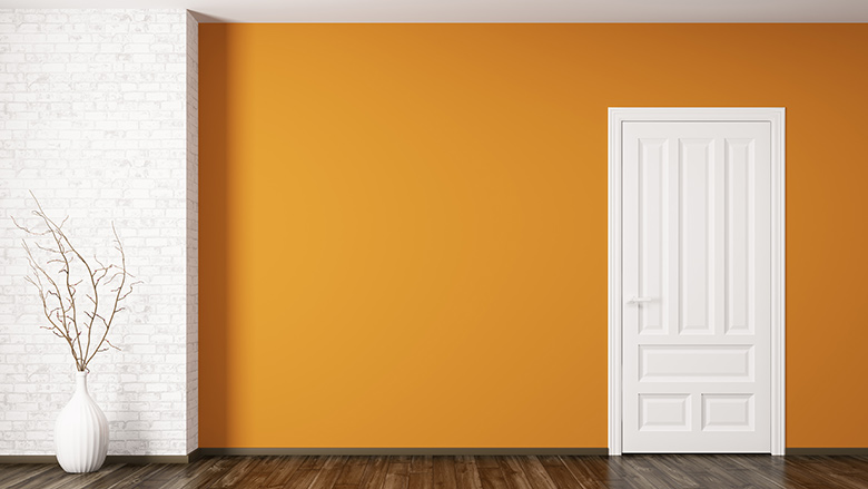 empty living room with white classic door and orange accent wall