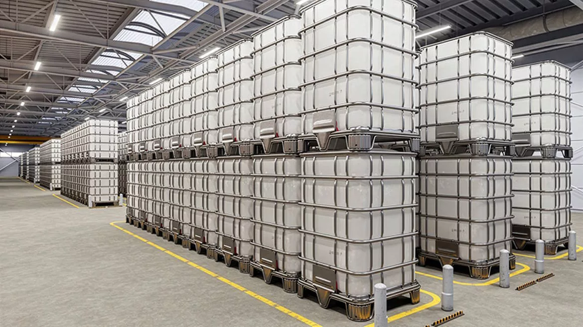 Close-up of IBC totes in a warehouse