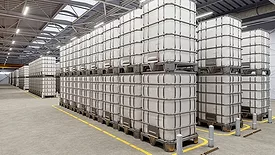 Close-up of IBC totes in a warehouse