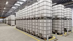 Close-up of IBC totes in a warehouse