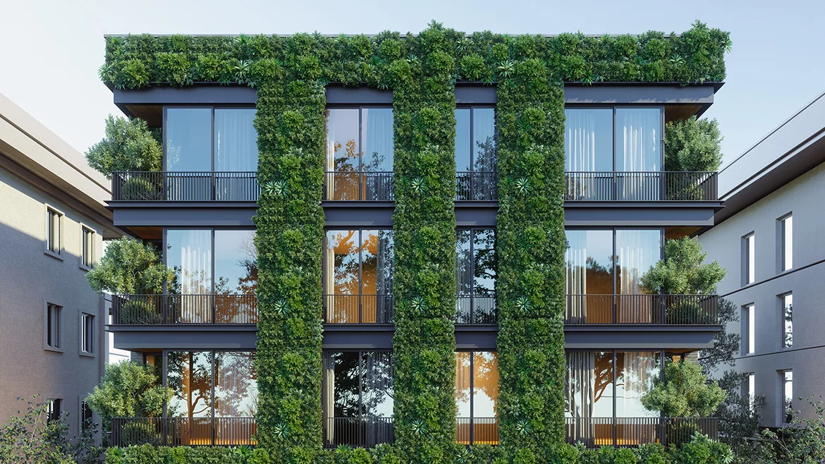 Eco-friendly modern building with Plants and vertical garden