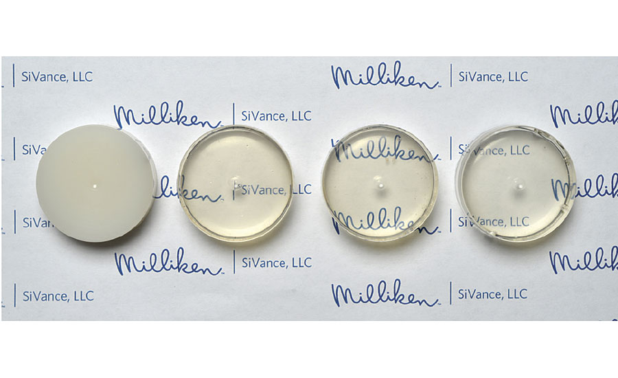 Cured samples (diameter: 25 mm; thickness: 10 mm) that show miscibility of silicones and epoxies. From left to right: (1) competitive reactive silicone in a bis-A epoxy that shows lack of miscibility; (2) new amino-functional silicone (C1008) in a hydrogenated bis-A epoxy; (3) new epoxy-functional silicone (C2010) in a bis-A epoxy; and (4) new epoxy-functional silicone (C2010) in a novolac epoxy.
