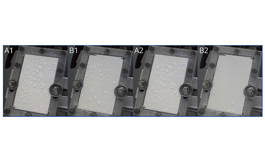 The use of the surface additive prevents ice formation in topcoats – immediately after sprinkling with ice water (A1 without additive, B1 with 2% additive) and 5 min after sprinkling with ice water (A2 without additive, B2 with 2% additive).