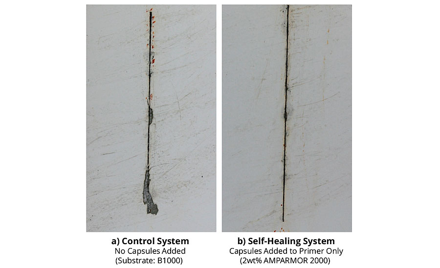 Adhesion loss from scribe for coated B1000 pretreated CRS panels after 1,000 hrs of salt fog exposure.