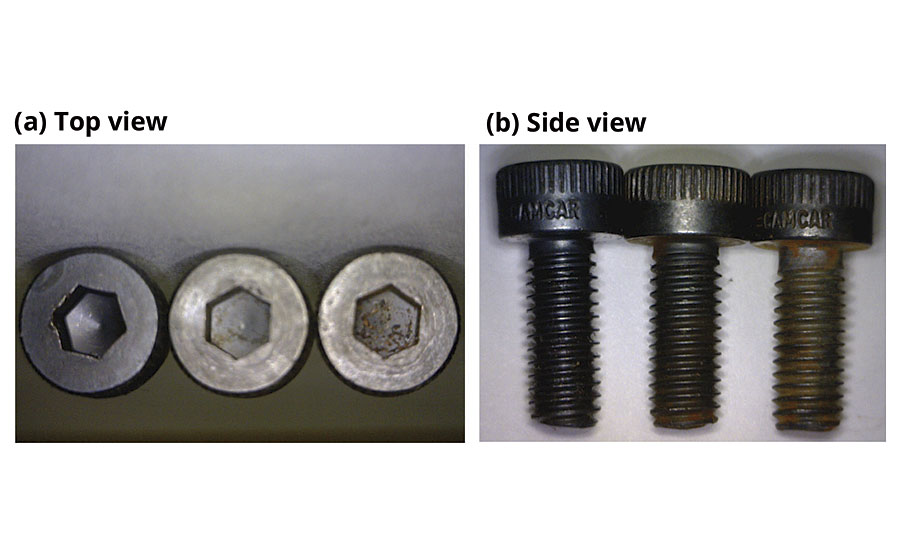 Top and side views of the alloy steel screws before, and after 7 and 14 days corrosion tests (from left to right).