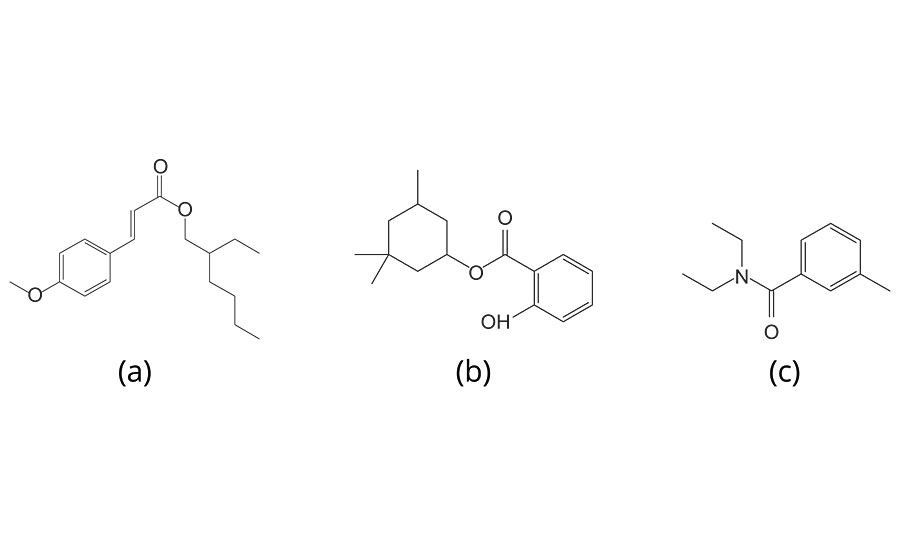 Chemical structure of ingredients of the test solution, (a) 3-(4-Methoxyphenyl)-2-propene acid-2-ethylhexyl ester, (b) 3,3,5-Trimethylcyclohexyl Salicylate and (c) N, N- Diethyl-m-toluamide