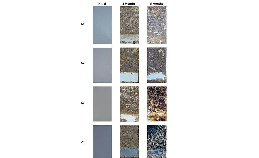 Photographs of the coated PVC panels before and after seawater exposure