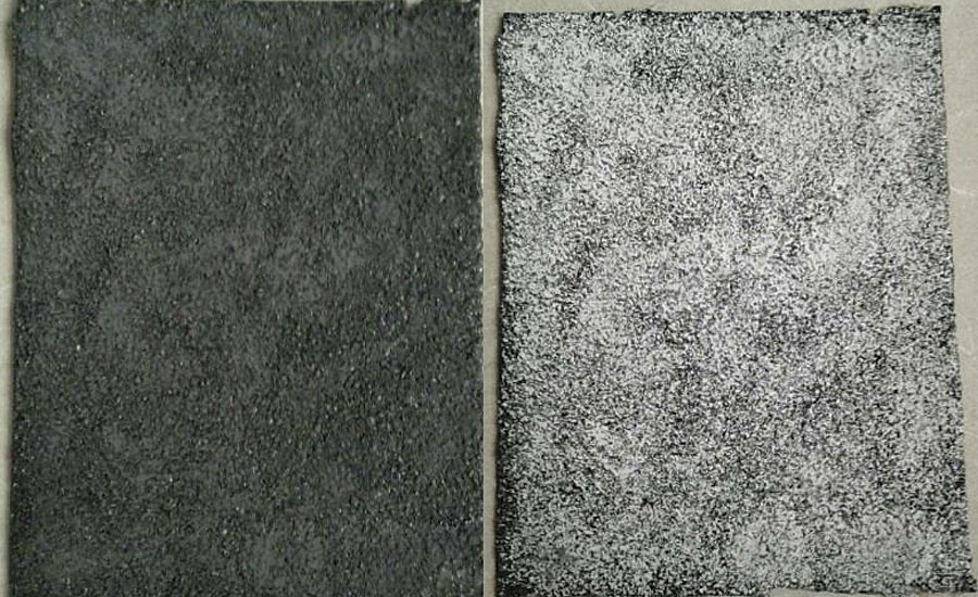 Thermochromic polymer particles can be used to coat a surface such as asphalt shingles to allow color changes to the surface-applied particles based on temperature