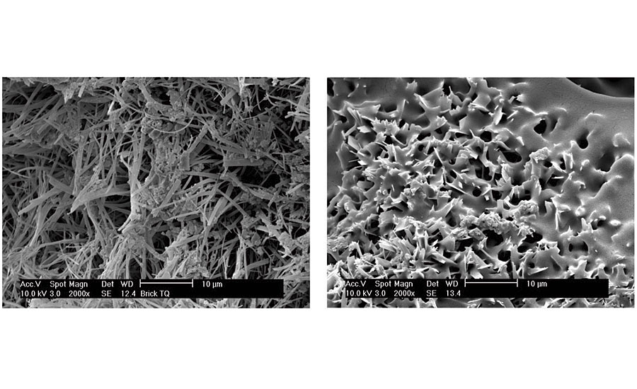 Scanning electron microscope (SEM) photo of a very porous substrate before and after impregnation with nanolatex