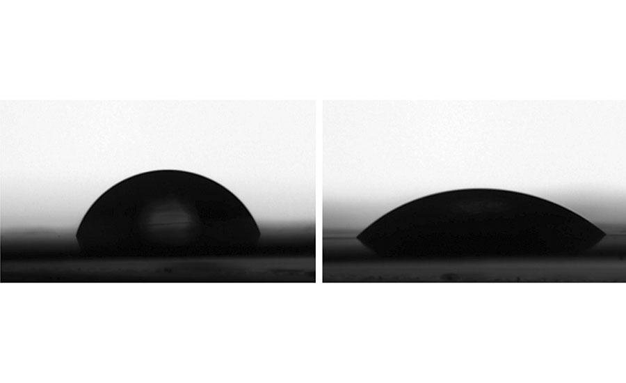 Comparative contact angle of deionized water on Veocryl polymer surface