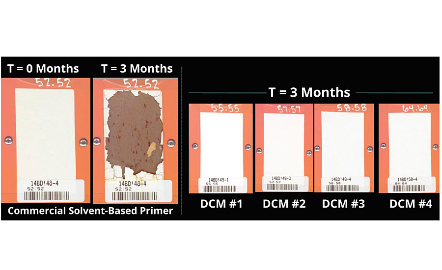 Cold rolled steel coated with solvent-based primer (left) and waterborne primer (right) after only 3 months exposure