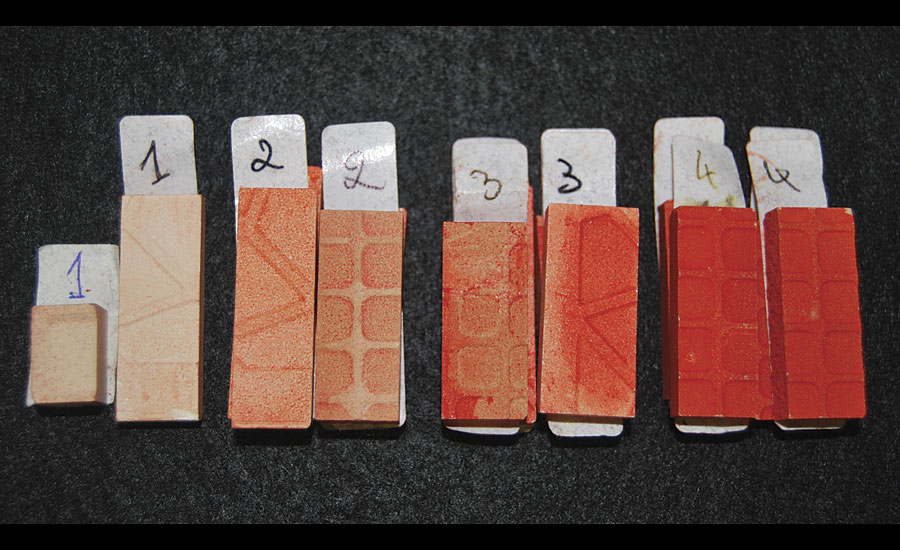 Visual example of the cleaning performance of various solvents in paint removal on a porous material