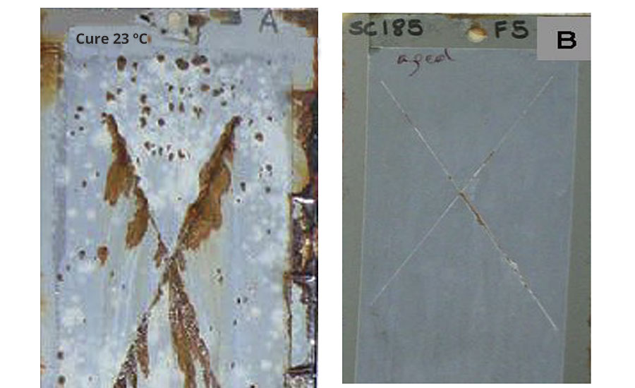 1,000 hours salt spray results. SB zinc-rich primer (left) vs WB zinc-rich primer (right).  