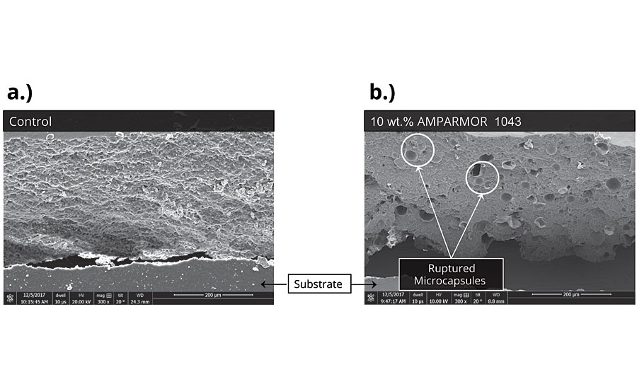Comparison of cross-sections of coated CRS substrates. (a) Substrate coated with moisture-oxime-cured PDMS coating. (b) Substrate coated with the same moisture-oxime-cured PDMS coating incorporating 10 wt. % of AMPARMOR 1043