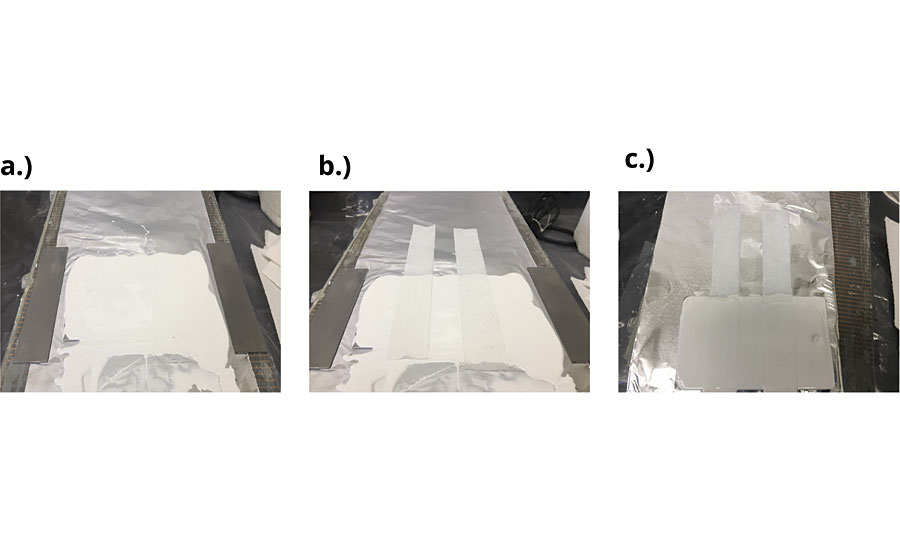 Preparation of ASTM C794 samples showing (a) first silicone sealant layer; (b) polyester mesh positioned on the first sealant layer; and (c) final silicone sealant layer applied on the polyester mesh