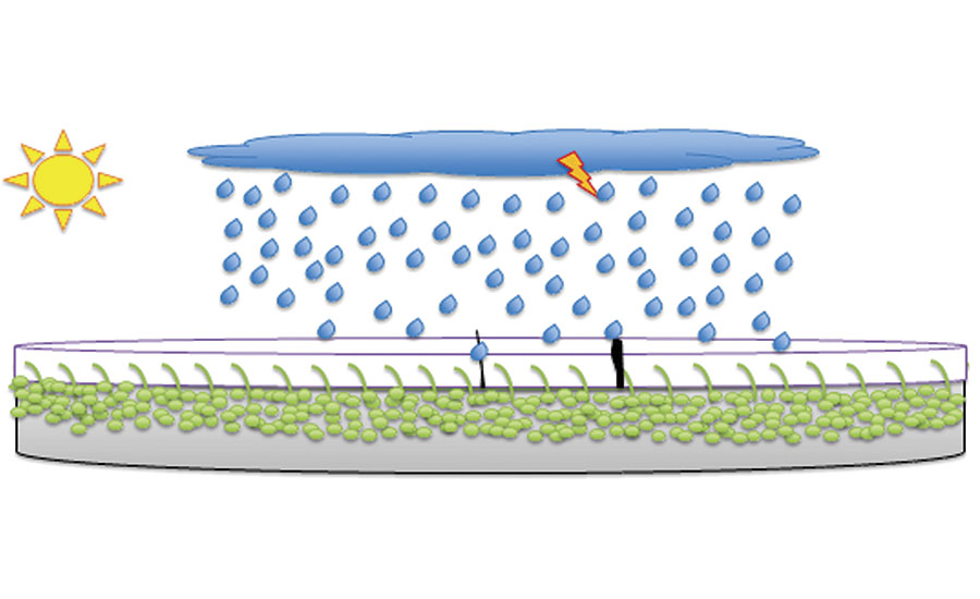 Representation of a concrete substrate (gray) + Mowilith LDM 2801 (green) + coating (white): improved adhesion of the coating, and in case of adhesion deficiency of the coating, the substrate will still be protected by the film of sealant forming in its interior