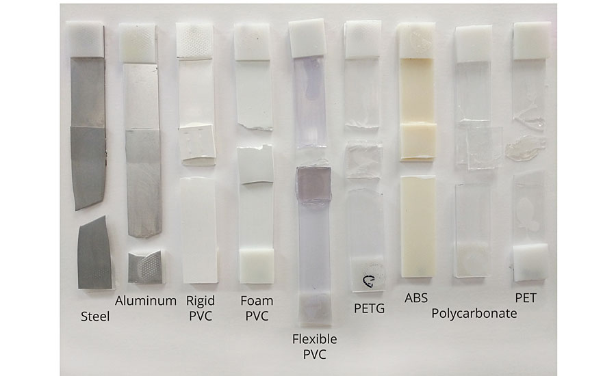 Broken lap shear testing substrates, adhered with modified PUD formulation adhesive, developed from PEP polyols