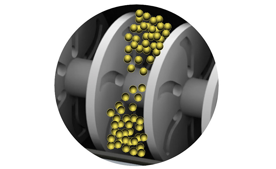 Grinding cell with grinding beads held in place between two agitator discs (#3 in Figure 1).