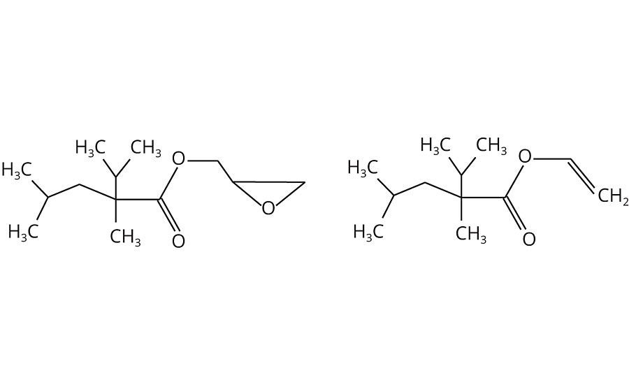 Typical structures of glycidyl neodecanoate and vinyl neodecanoate with five methyl groups