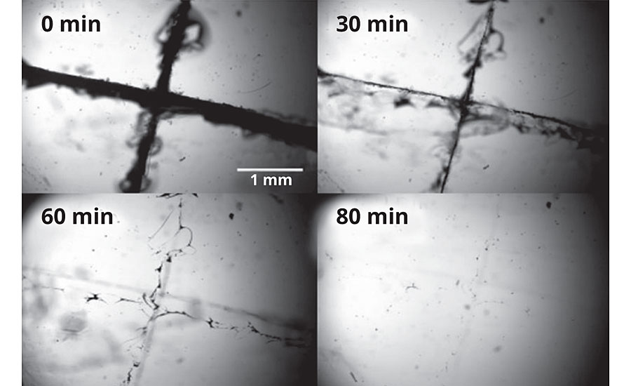 Optical microscopy images of a polysulfide-epoxy-film before (top left) and after (bottom right) the self-healing process (U. Lafont, 2012). 