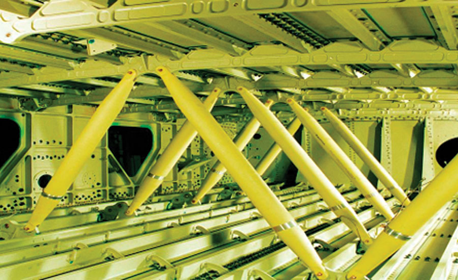 The fuel tank from inside the wing of an airplane