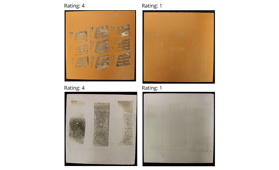 Examples of stain imprinting ratings on quarry tiles with clear coats (top) and pigmented coatings (bottom)