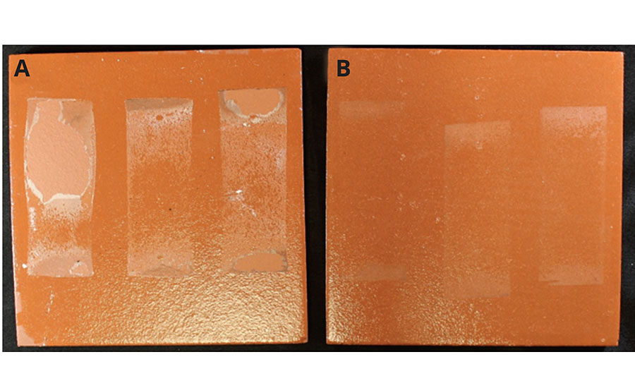 Hot tire pick-up comparison between (A) commercial water-based product and (B) JONCRYL 2990