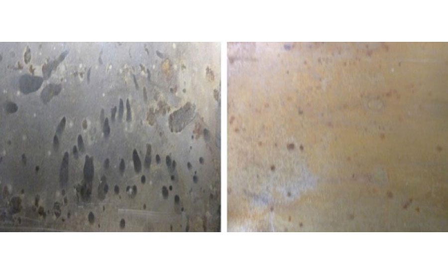 Pitting corrosion evidence on uncoated cold rolled steel (left) and WB3-pretreated cold rolled steel (right) after 7 days immersed in DI water at 50 °C.