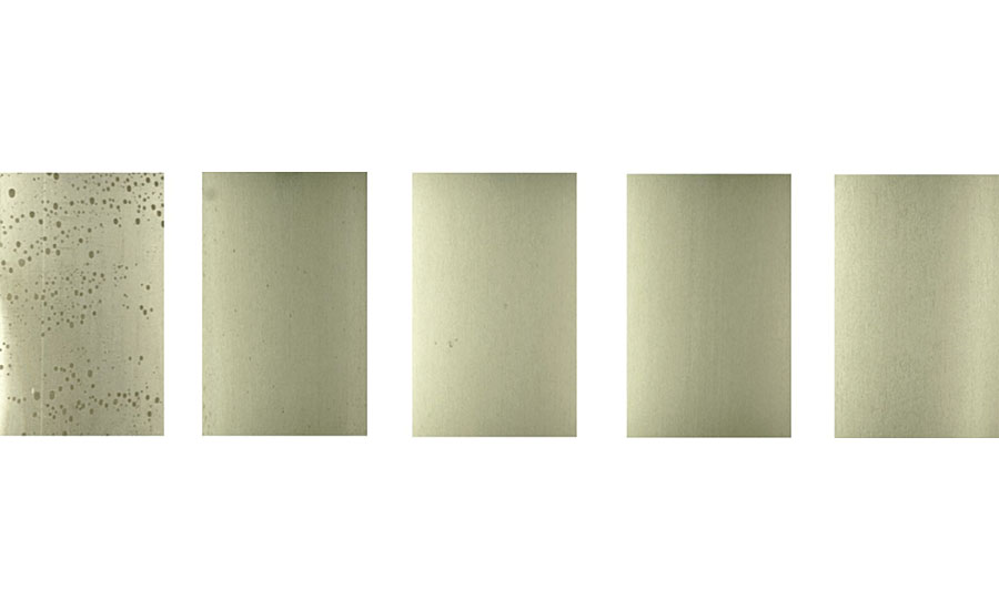 From left to right: Uncoated aluminum 2024T3, WB1-pretreated aluminum 2024T3 cured at 180 °C, WB2-pretreated aluminum 2024T3 cured at 23 °C, WB2-pretreated aluminum 2024T3 cured at 180 °C and WB5-pretreated aluminum 2024T3 cured at 23 °C after 168 hrs at 95% relative humidity and 35 °C.