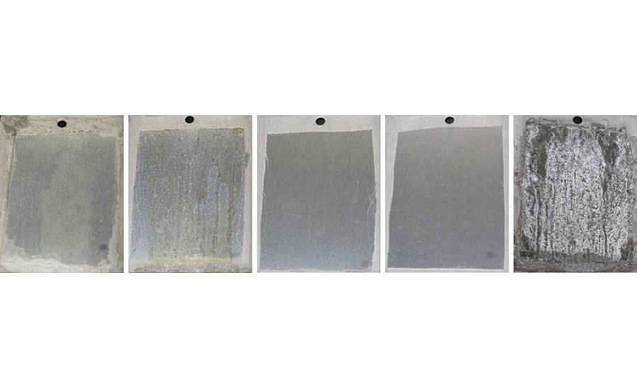 From left to right: WB1-pretreated aluminum 2024T3 cured at 23 °C, WB1-pretreated aluminum 2024T3 cured at 180 °C, WB2-pretreated aluminum 2024T3 cured at 23 °C, WB2-pretreated aluminum 2024T3 cured at 180 °C and WB5-pretreated aluminum 2024T3 cured at 23 °C. All substrates were subject to 1,000 hrs in a neutral salt spray test.