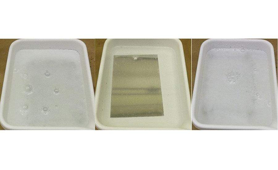 WB1-pretreated aluminum 2024T3 (left), WB2-pretreated aluminum 2024T3 (middle) and WB5-pretreated aluminum 2024T3 (right) after 6 min of immersion in the 10 wt% NaOH aqueous solution.
