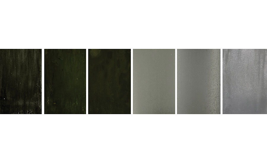 From left to right: Uncoated aluminum 2024T3, WB1-pretreated aluminum 2024T3 cured at 23 °C, WB1-pretreated aluminum 2024T3 cured at 180 °C, WB2-pretreated aluminum 2024T3 cured at 23 °C, WB2-pretreated aluminum 2024T3 cured at 180 °C and WB5-pretreated aluminum 2024T3 cured at 23 °C after 10 min immersion in alkaline solution.