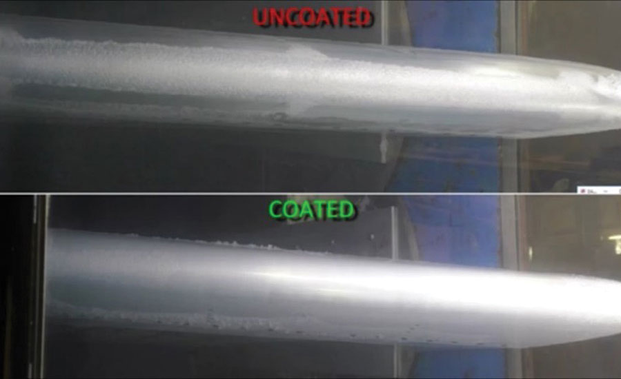 Snapshots taken from recording of icing tunnel test showing complete de-icing on coated leading edge (bottom) and no de-icing on uncoated leading edge (top), at power consumption level 70% lower than that of the nominal power needed for a regular functional uncoated de-icing system.