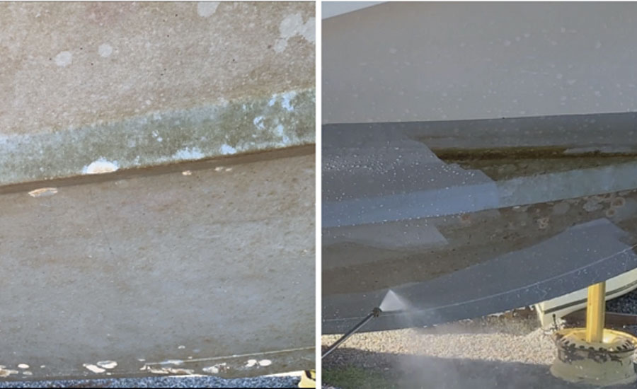 (Left) SLIPS-painted ship hull after six months of use without cleaning, showing only a light level of slime fouling. The empty circular areas indicate the self-cleaning effect of the hull where a large macro fouling organism (encrusting bryozoans) was attached initially but released because of weak adhesion force. (Right) The light slime-covered hull can be quickly cleaned with a low-pressure water jet without any chemicals.