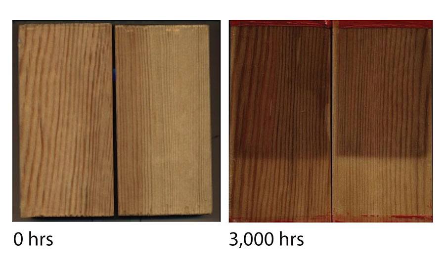 Stabilized PUR formulation before and after 3,000 hrs of exposure.