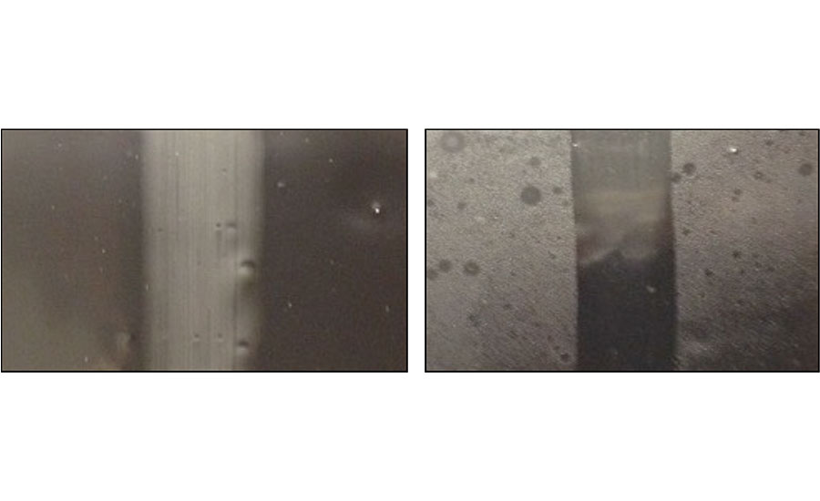 Coating film with Oil 1 (left) and Oil 2 (right). Finger rubbing resulted in marring of the Coating 1 surface, while the oil was rubbed away from the Coating 2 surface.