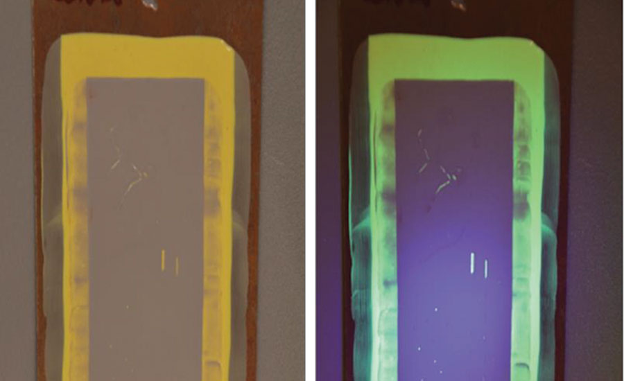 Fluorescent basecoat and standard gray topcoat with defects purposely introduced.
