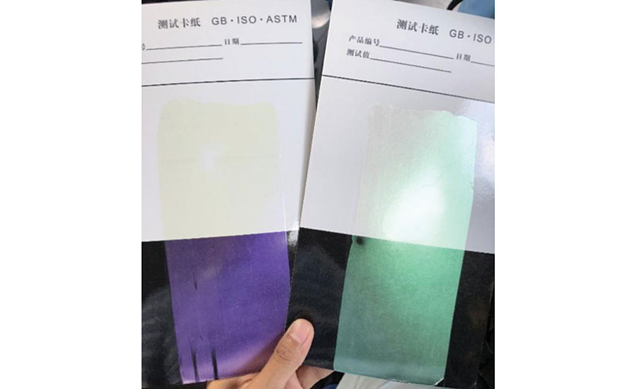 Iridescent coatings show different color on top of a white or black base.