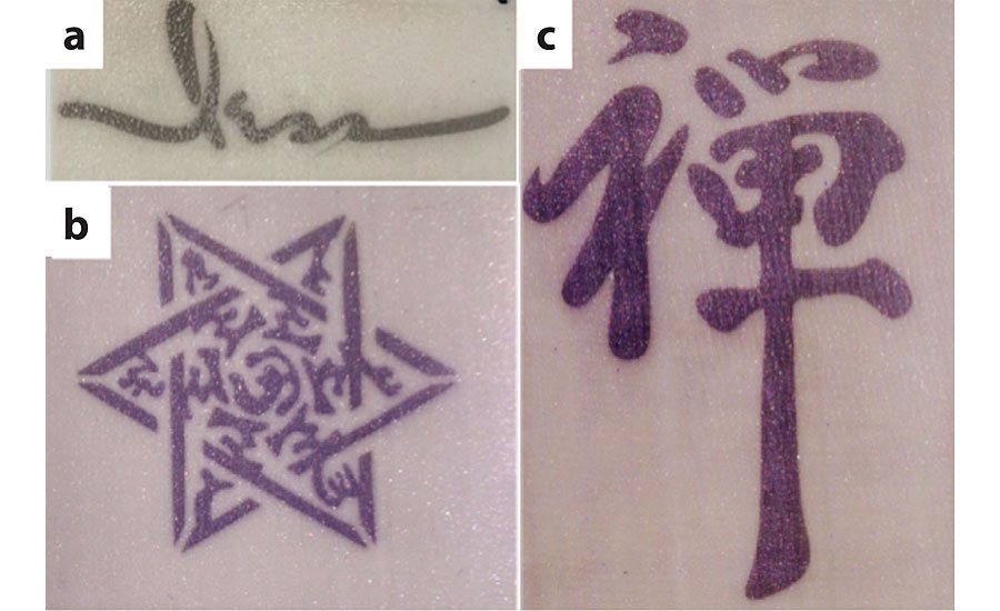 a) Signature, b) pattern, c) Chinese character radiated into photosensitive coating.