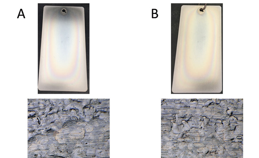 Surface appearance of Lumidize (A) as applied, and (B) after 96 hrs. Microscopy images at 1,000x using coaxial lighting.