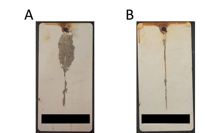 Adhesion for epoxy coatings at 1,500 hrs of neutral salt spray on (A) iron phosphate and (B) Lumidize aluminum oxide.