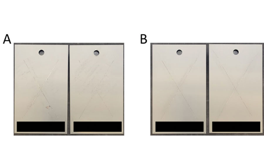 Aluminum alloy 6061 adhesion results for polyurethane after 2,000 hrs of neutral salt spray exposure for (A) trichrome based sealer and (B) Lumidize.