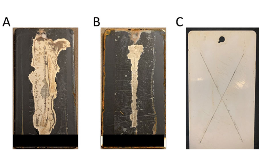 DTM adhesion testing for a black polyurethane topcoat at 500 hrs of salt spray exposure over (A) iron phosphate and (B) Lumidize. Panel (C) shows DTM adhesion testing for a white polyurethane topcoat at 1,500 hrs salt spray over Lumidize with a chemical seal for improved adhesion. 