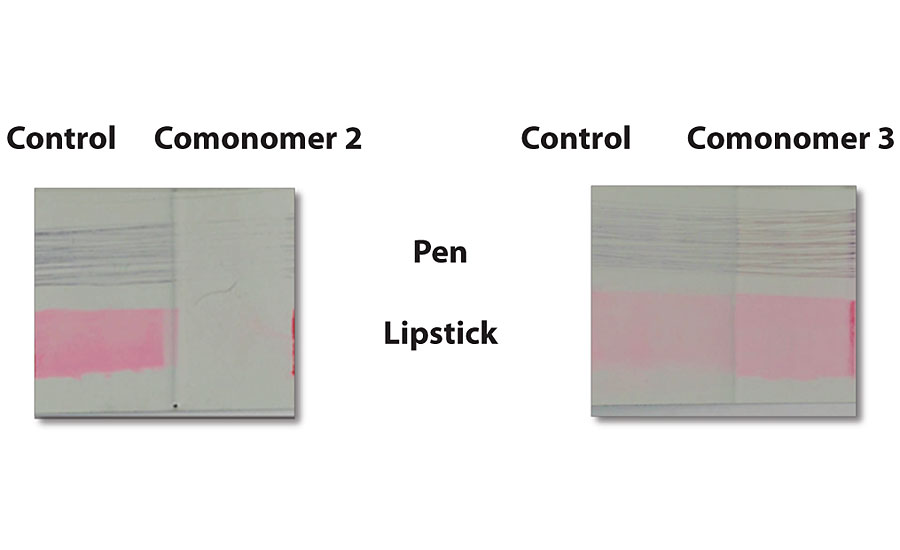 Improved lipstick and pen washability with proper comonomer selection.