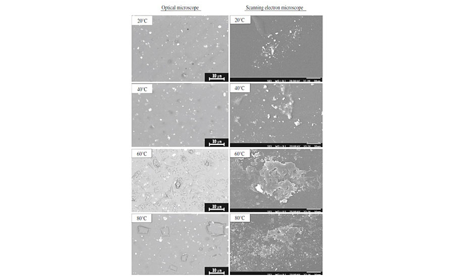 Optical and scanning electron microscopic images of damaged surface of clearcoat at different temperatures.