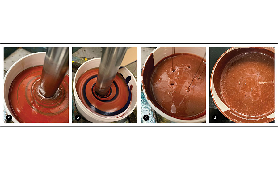 Initial introduction of iron oxide red colorant in a typical high-gloss polyamide epoxy (a), mixing (b), post-mixing (c), after 12 hrs (d).