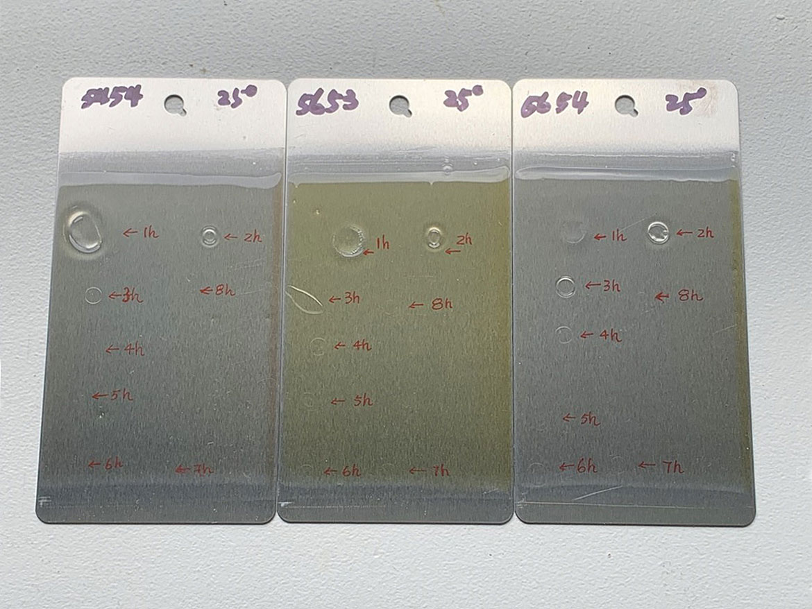 Test panels of CNSL-based epoxy primers after early water resistance tests at 25 °C cure condition.