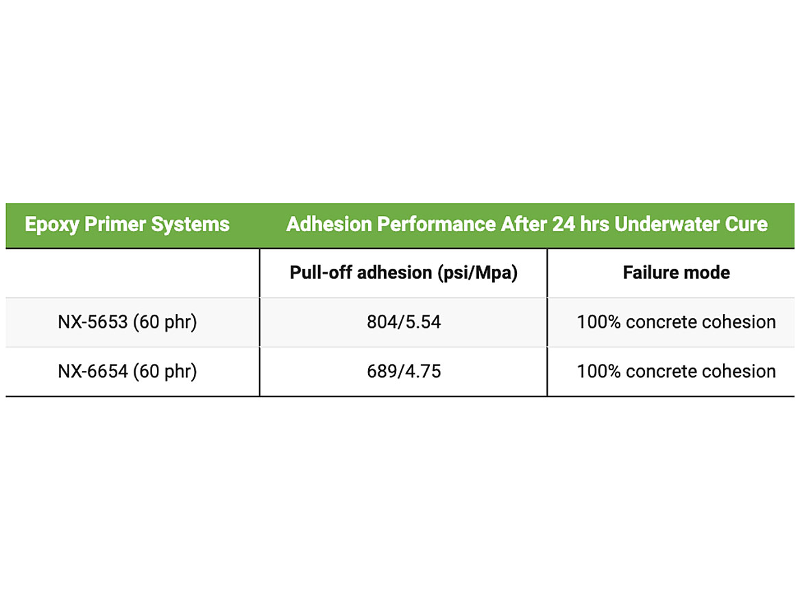 Pull-off adhesion test data of CNSL-based epoxy primers after 24 hours underwater cure followed by drying at RT for three days.