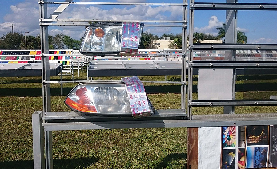 1K PUD PC clear coating on auto headlight lamps at the Florida outdoor exposure testing site.